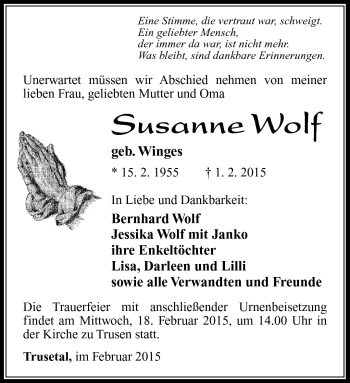 Traueranzeige von Susanne Wolf von Südthüringer Presse