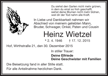 Traueranzeige von Heinz Wietzel von Frankenpost