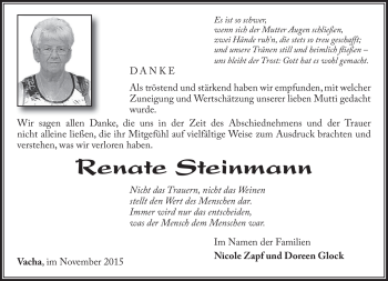 Traueranzeige von Renate Steinmann von Südthüringer Presse