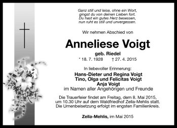 Traueranzeige von Anneliese Voigt von Südthüringer Presse