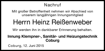 Traueranzeige von Heinz Reißenweber von Neue Presse Coburg