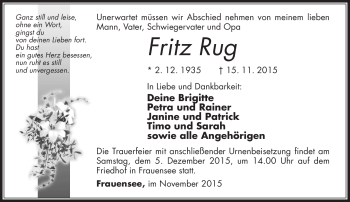 Traueranzeige von Fritz Rug von Südthüringer Presse