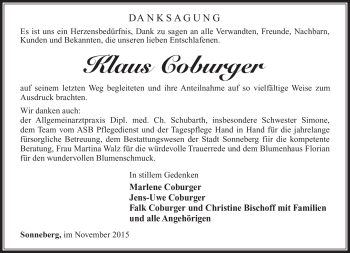 Traueranzeige von Klaus Coburger von Südthüringer Presse