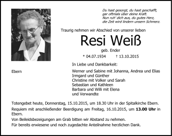 Traueranzeige von Resi Weiß von Neue Presse Coburg