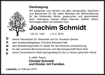 Traueranzeige von Joachim Schmidt von Südthüringer Presse