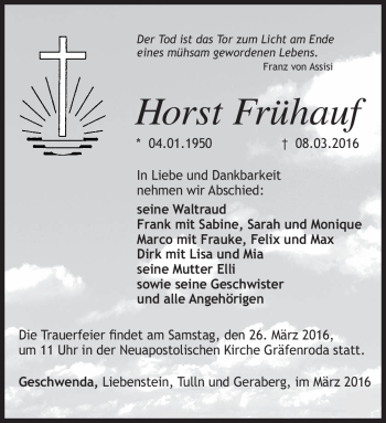 Traueranzeige von Horst Frühauf von Südthüringer Presse