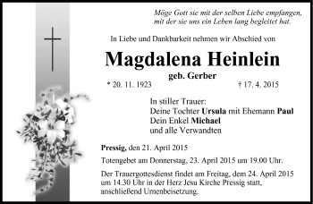 Traueranzeige von Magdalena Heinlein von Neue Presse Coburg