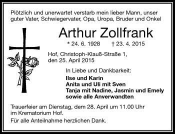 Traueranzeige von Arthur Zollfrank von Frankenpost