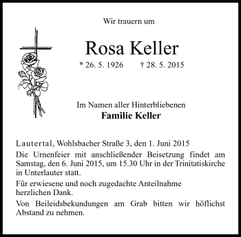 Traueranzeige von Rosa Keller von Neue Presse Coburg