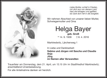Traueranzeige von Helga Bayer von Frankenpost