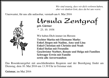 Traueranzeige von Ursula Zentgraf von Südthüringer Presse