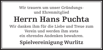 Traueranzeige von Hans Puchta von Frankenpost