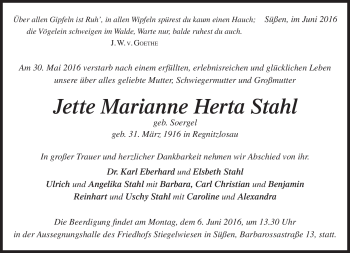 Traueranzeige von Jette Marianne Herta Stahl von Frankenpost
