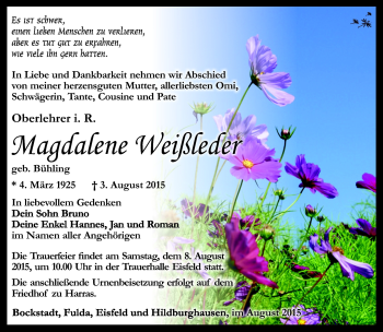 Traueranzeige von magdalena Weißleder von Südthüringer Presse