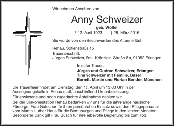 Traueranzeige von Anny Schweizer von Frankenpost
