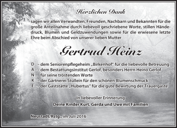 Traueranzeige von Gertrud Heinz von Südthüringer Presse