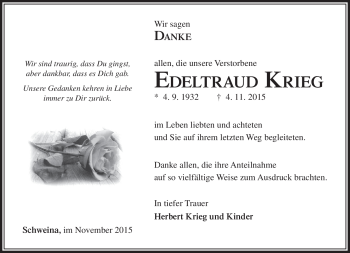 Traueranzeige von Edeltraud Krieg von Südthüringer Presse