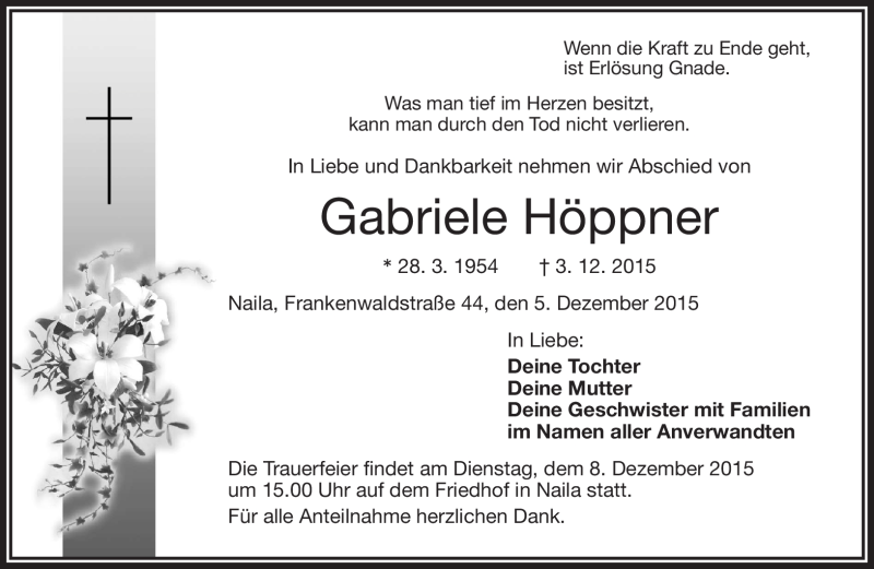  Traueranzeige für Gabriele Höppner vom 05.12.2015 aus Frankenpost