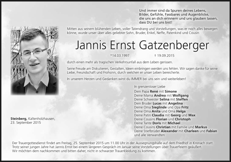  Traueranzeige für Jannis Ernst Gatzenberger vom 23.09.2015 aus Neue Presse Coburg