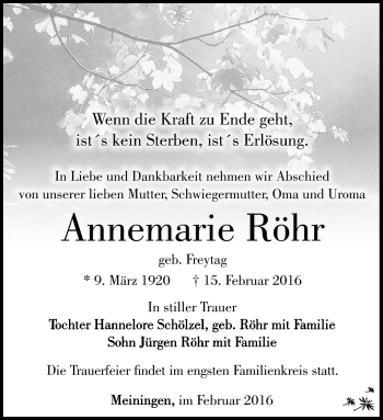 Traueranzeige von Aneemarie Röhr von Südthüringer Presse