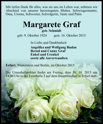 Traueranzeige von Margarete Graf von Südthüringer Presse