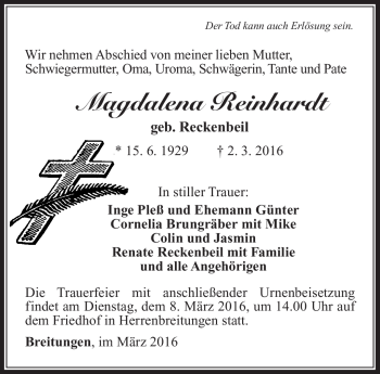 Traueranzeige von Magdalena Reinhardt von Südthüringer Presse
