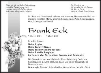 Traueranzeige von Frank Eck von Südthüringer Presse