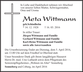 Traueranzeige von Meta Wittmann von Südthüringer Presse