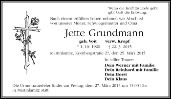 Traueranzeige von Jette Grundmann von Frankenpost