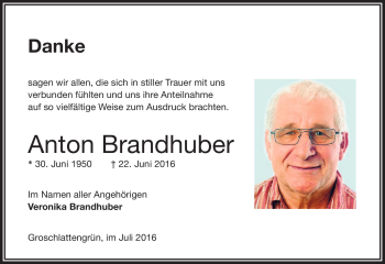 Traueranzeige von Anton Brandhuber von Frankenpost