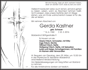 Traueranzeige von Gerda Kastner von Frankenpost
