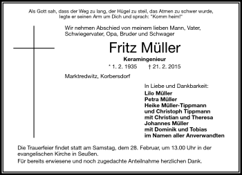 Traueranzeige von Fritz Müller von Frankenpost