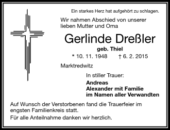 Traueranzeige von Gerlinde Dreßler von Frankenpost