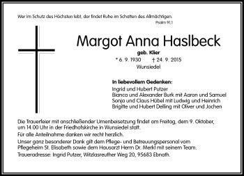 Traueranzeige von Margot Anna Haslbeck von Frankenpost