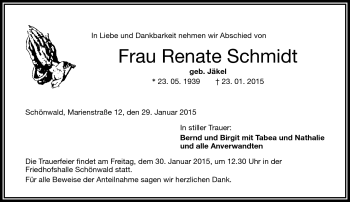 Traueranzeige von Renate Schmidt von Frankenpost