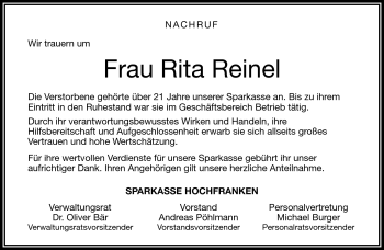 Traueranzeige von Rita Reinel von Frankenpost