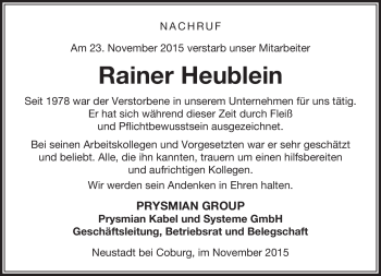 Traueranzeige von Rainer Heublein von Neue Presse Coburg