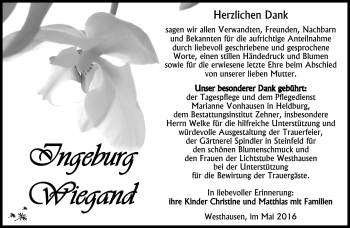 Traueranzeige von Ingeburg Wiegand von Südthüringer Presse