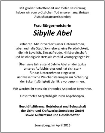 Traueranzeige von Sibylle Abel von Südthüringer Presse