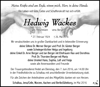 Traueranzeige von Hedwig Wackes von Südthüringer Presse