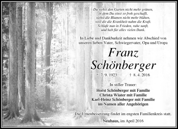 Traueranzeige von Franz Schönberger von Südthüringer Presse