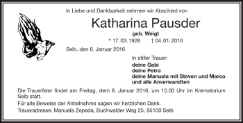 Traueranzeige von Katharina Pausder von Frankenpost