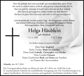 Traueranzeige von Helga Häublein von Neue Presse Coburg