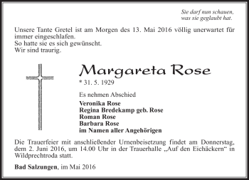 Traueranzeige von Margareta Rose von Südthüringer Presse