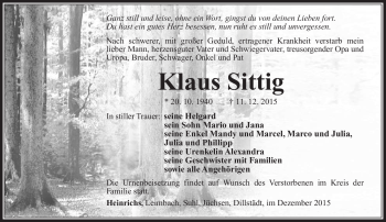 Traueranzeige von Klaus Sittig von Südthüringer Presse