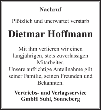 Traueranzeige von Dietmar Hoffmann von Südthüringer Presse