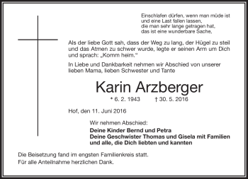 Traueranzeige von Karin Arzberger von Frankenpost