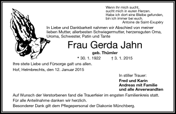 Traueranzeige von Gerda Jahn von Frankenpost