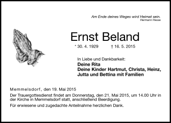 Traueranzeige von Ernst Beland von Neue Presse Coburg