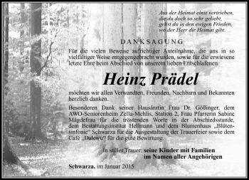 Traueranzeige von Heinz Prädel von Südthüringer Presse